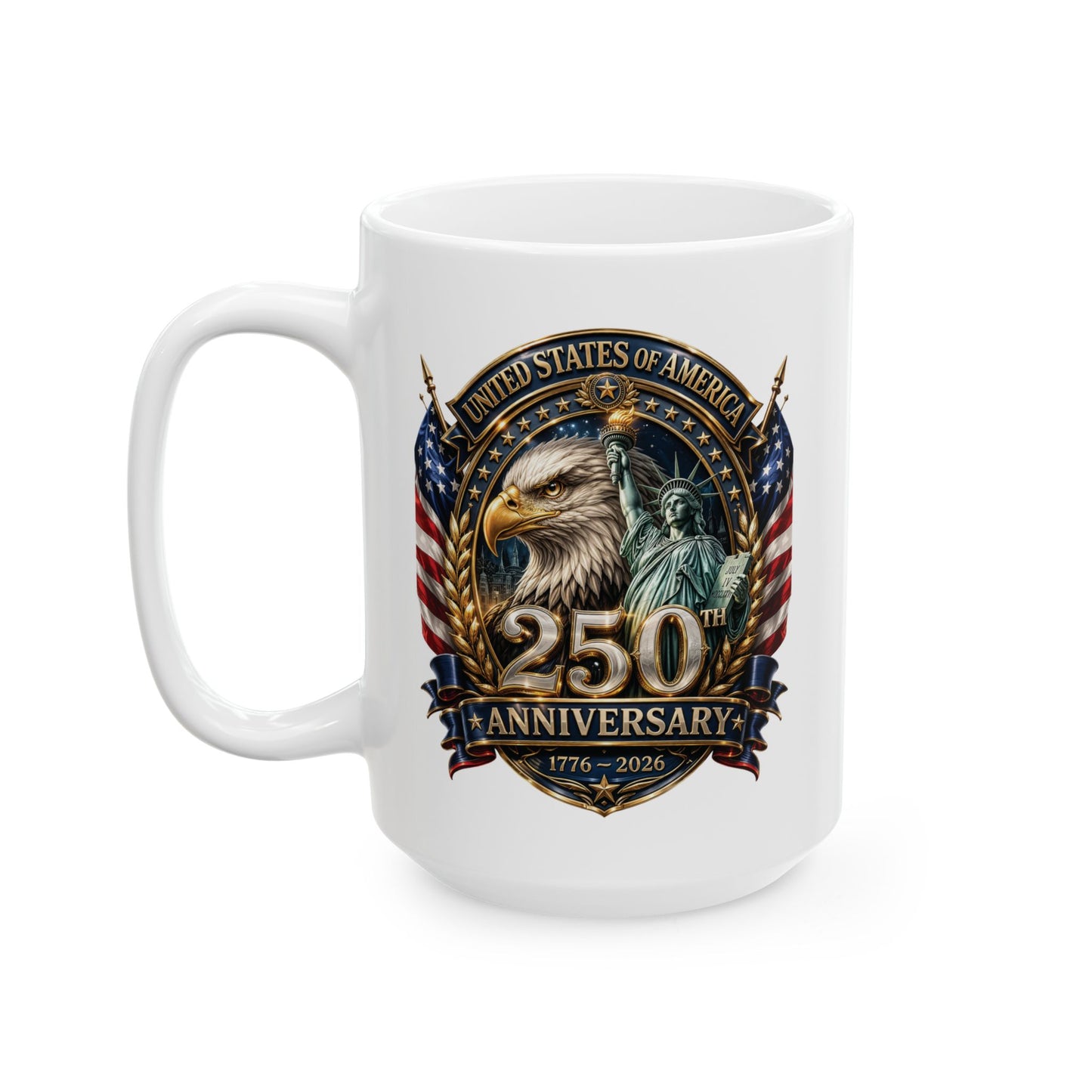 America 250: Eagle and Liberty Oval Shield Ceramic Mug, (11oz, 15oz)