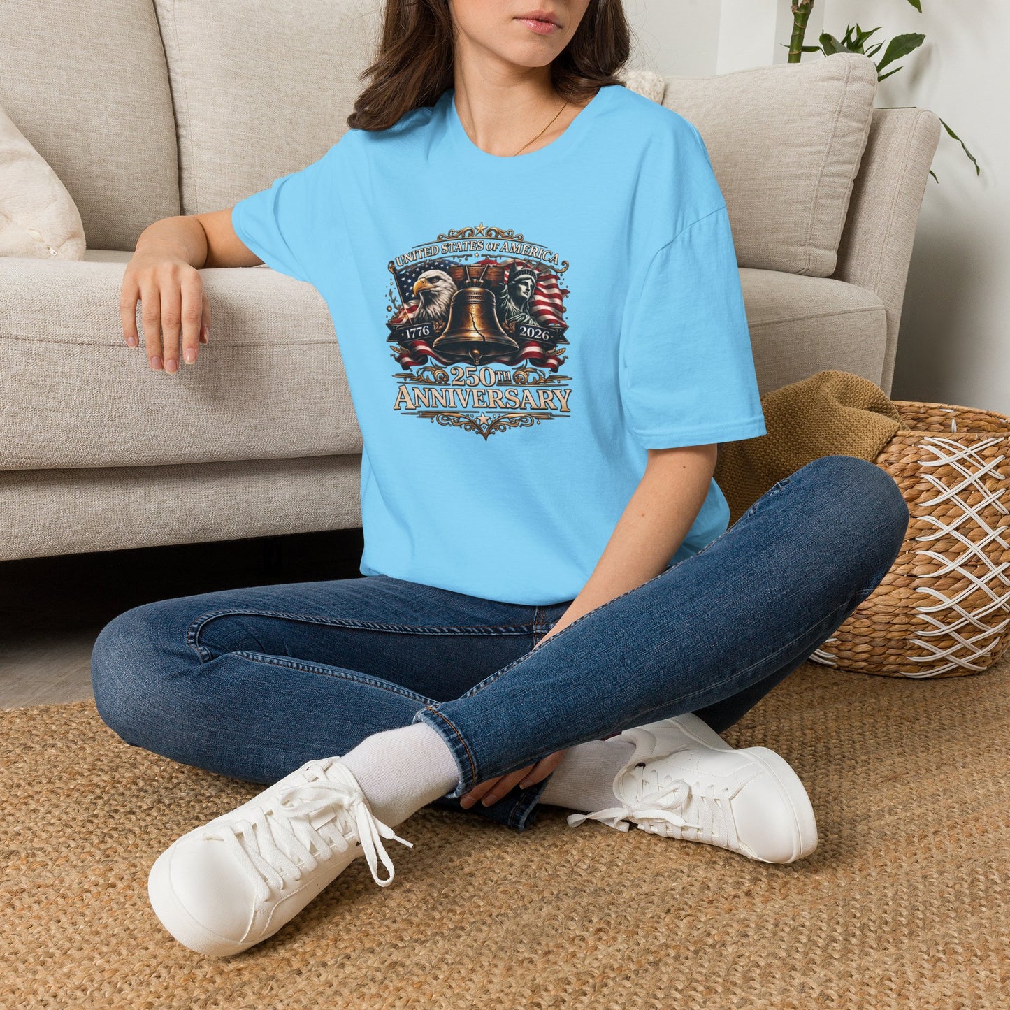 America 250: Liberty Bell with Eagle & Lady Liberty - White Letters Unisex Softstyle T-Shirt