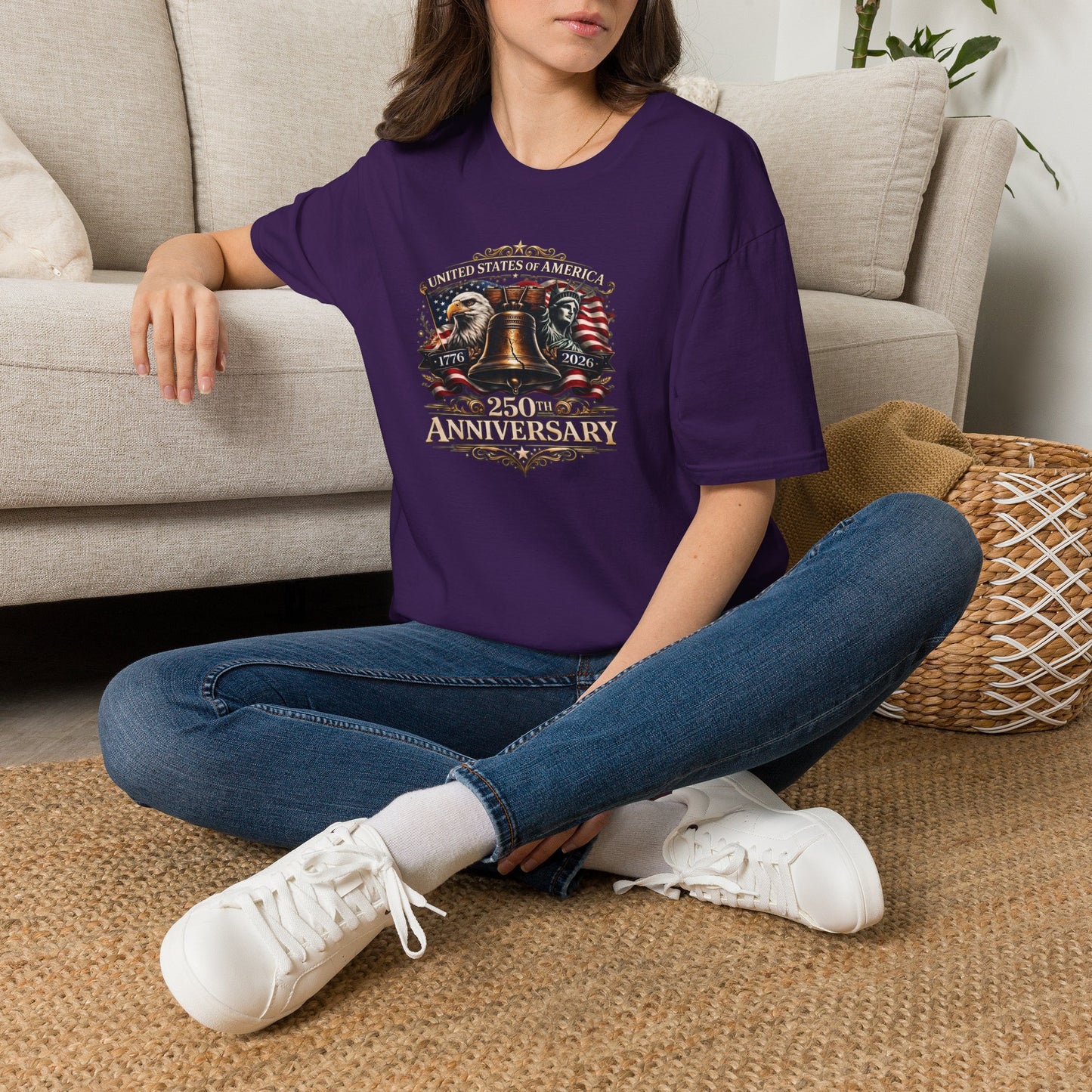 America 250: Liberty Bell with Eagle & Lady Liberty - White Letters Unisex Softstyle T-Shirt