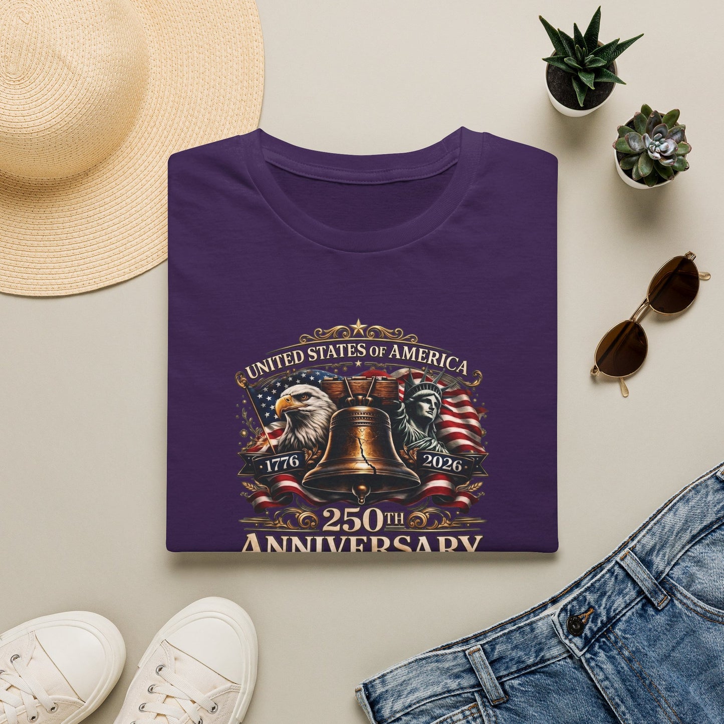 America 250: Liberty Bell with Eagle & Lady Liberty - White Letters Unisex Softstyle T-Shirt