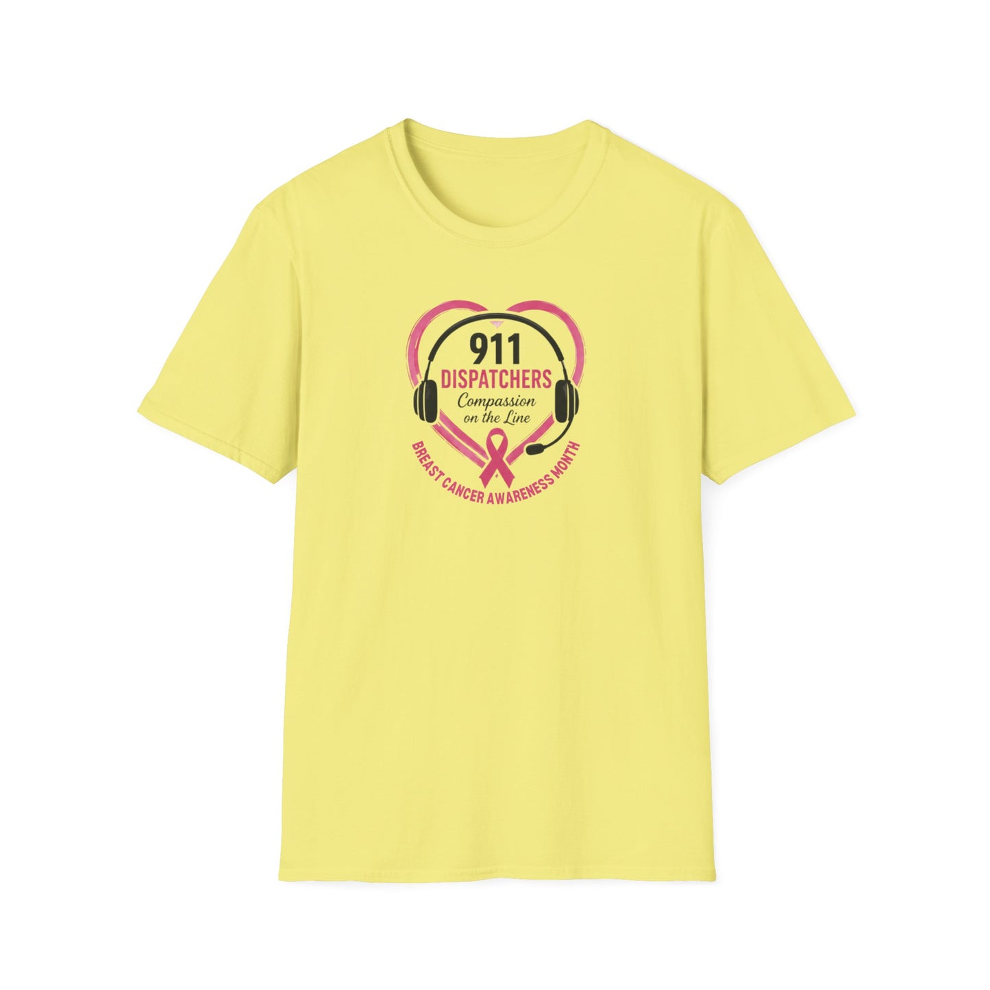 Breast Cancer Awareness: 911 Headset and Heart Unisex Softstyle T-Shirt