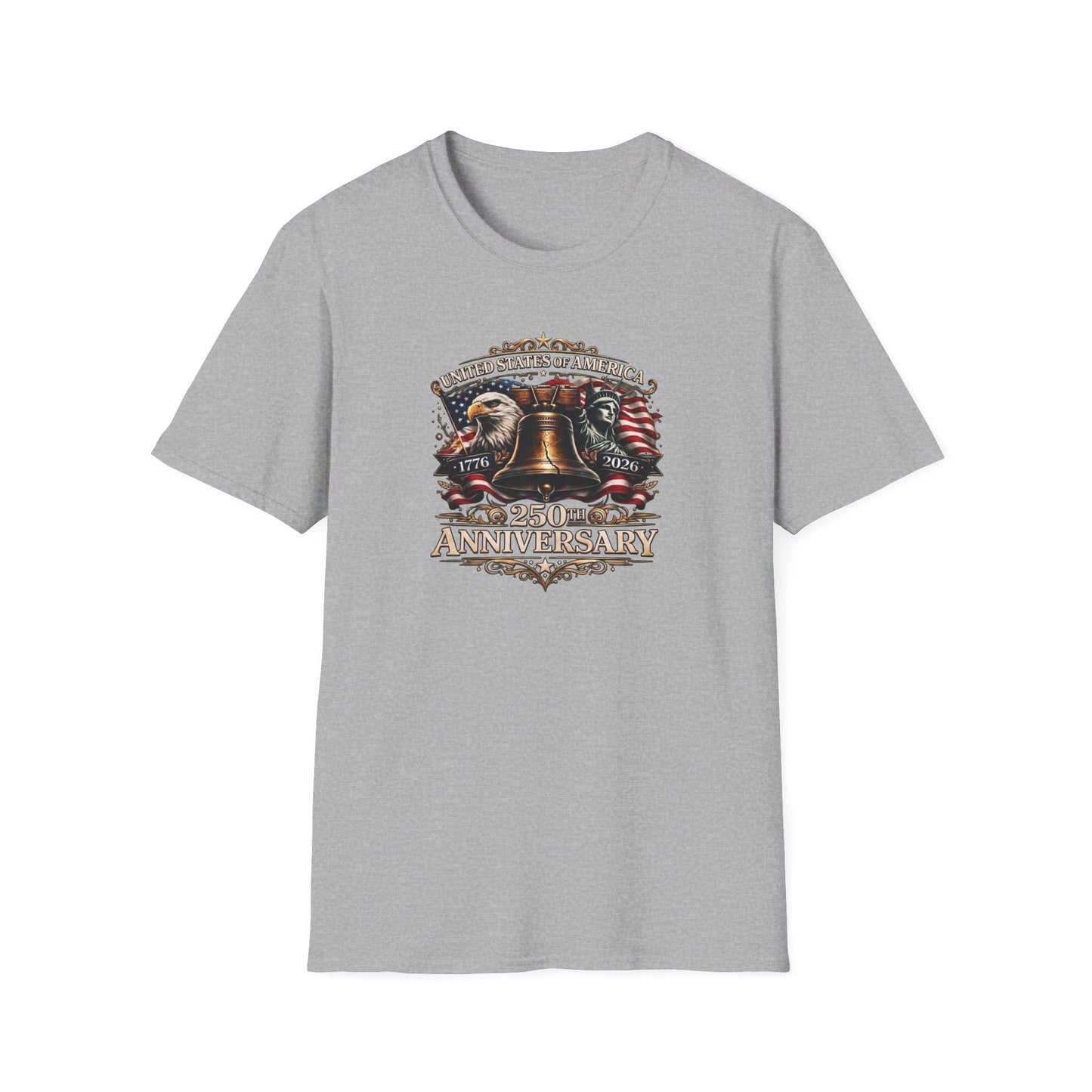 America 250: Liberty Bell with Eagle & Lady Liberty - White Letters Unisex Softstyle T-Shirt