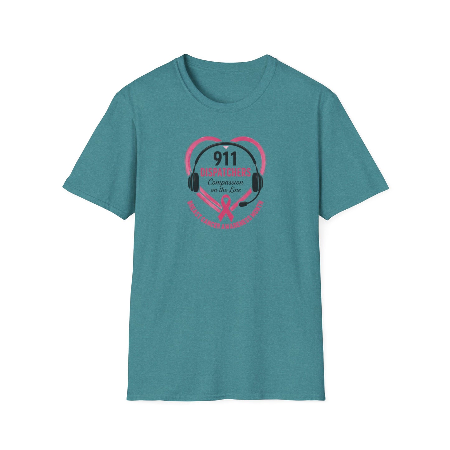 Breast Cancer Awareness: 911 Headset and Heart Unisex Softstyle T-Shirt