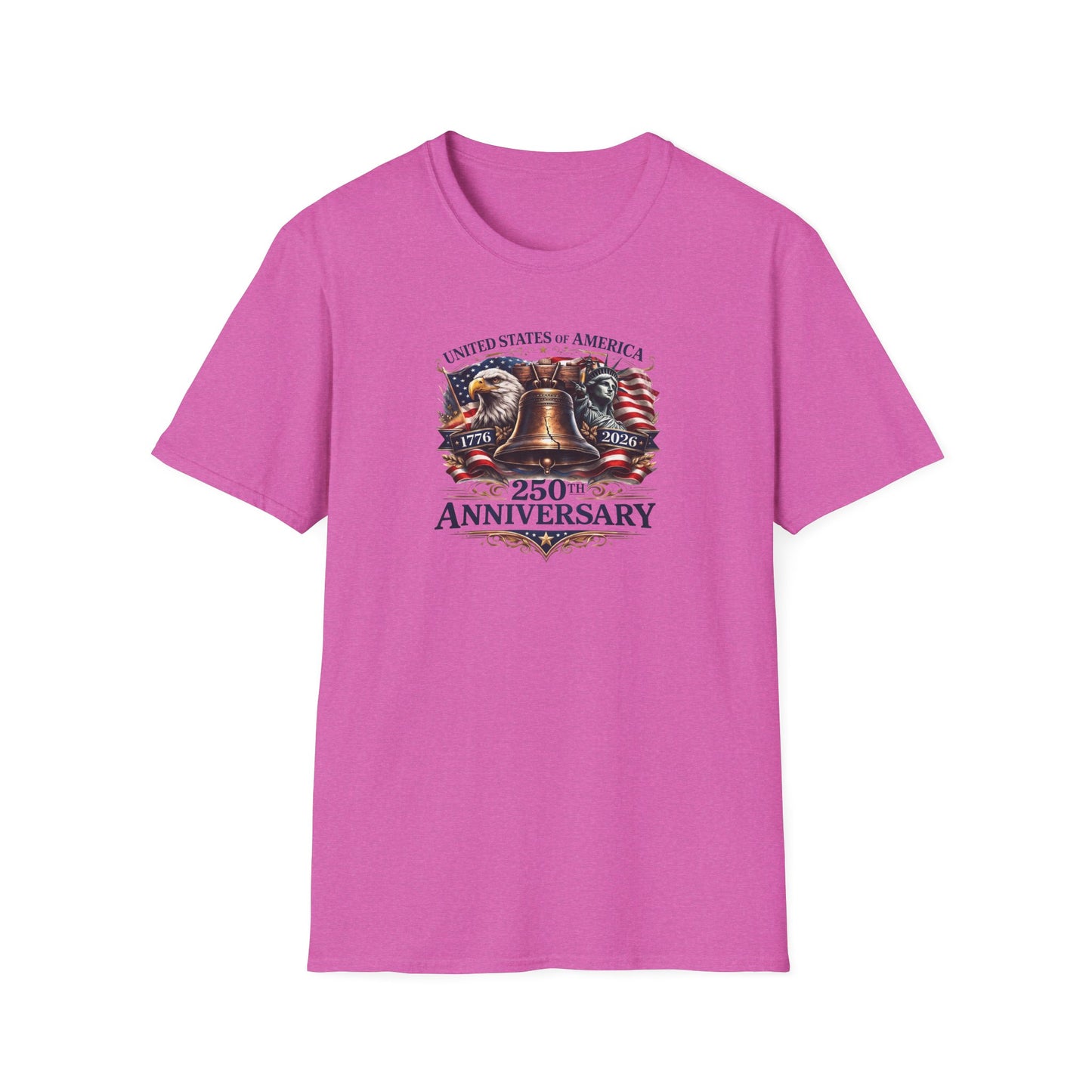 America 250: Liberty Bell with Eagle & Lady Liberty - Blue Letters Unisex Softstyle T-Shirt