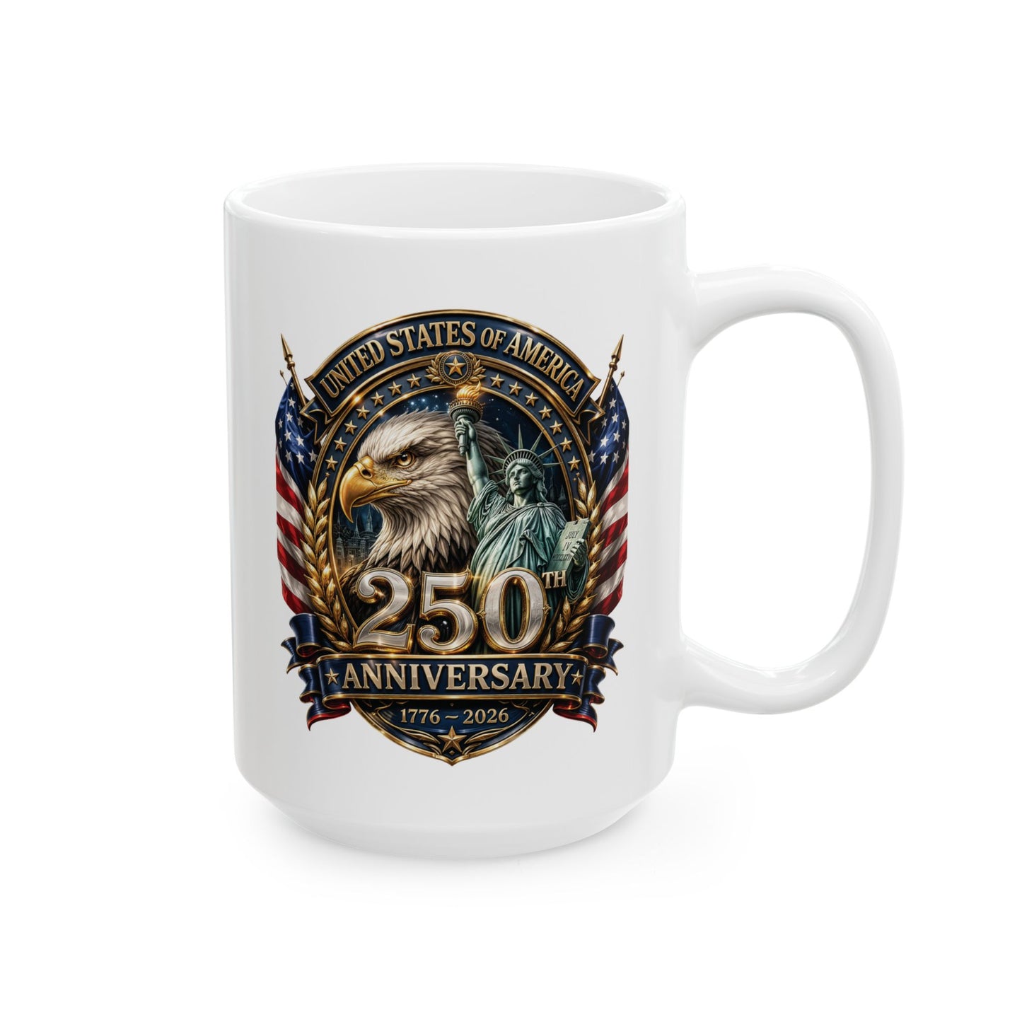 America 250: Eagle and Liberty Oval Shield Ceramic Mug, (11oz, 15oz)