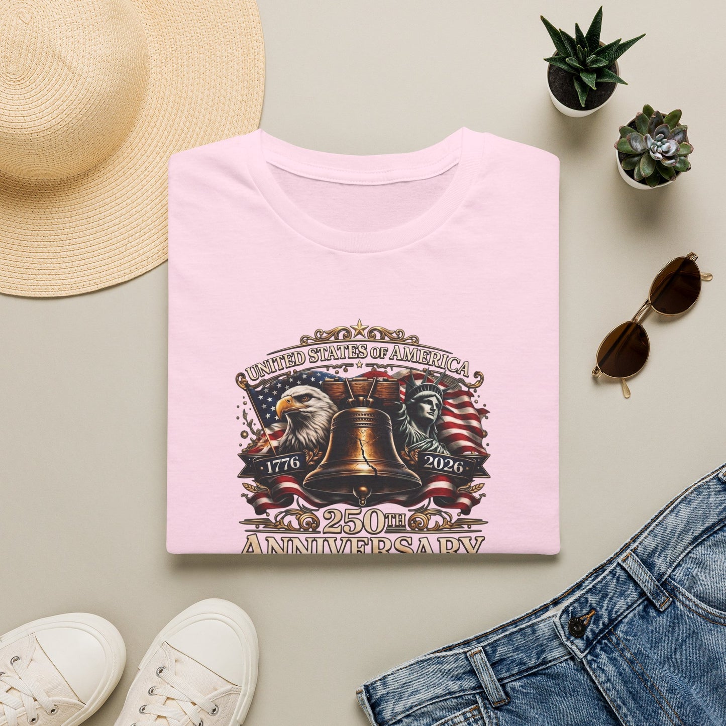 America 250: Liberty Bell with Eagle & Lady Liberty - White Letters Unisex Softstyle T-Shirt