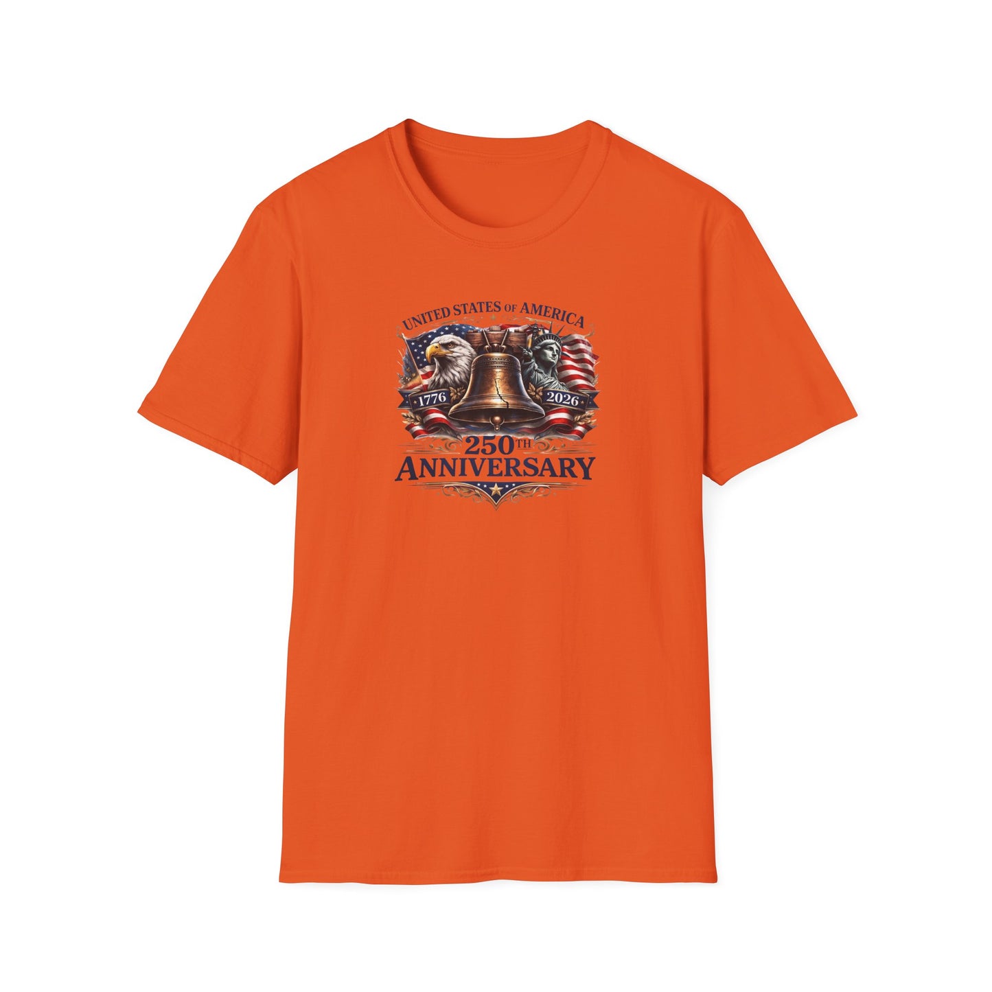 America 250: Liberty Bell with Eagle & Lady Liberty - Blue Letters Unisex Softstyle T-Shirt