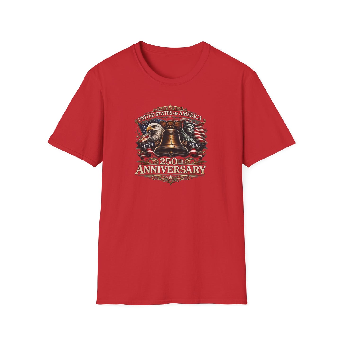 America 250: Liberty Bell with Eagle & Lady Liberty - White Letters Unisex Softstyle T-Shirt