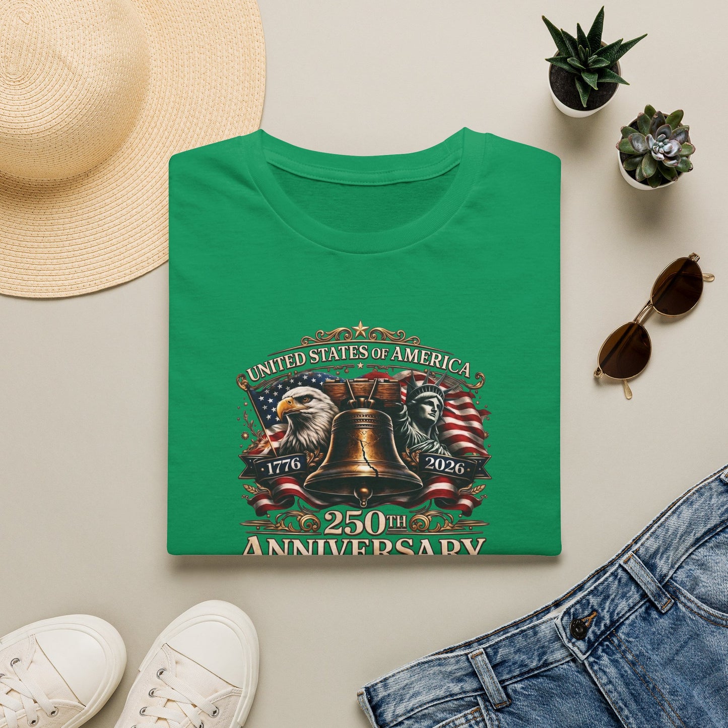 America 250: Liberty Bell with Eagle & Lady Liberty - White Letters Unisex Softstyle T-Shirt