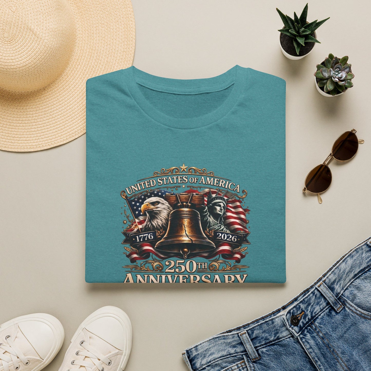 America 250: Liberty Bell with Eagle & Lady Liberty - White Letters Unisex Softstyle T-Shirt