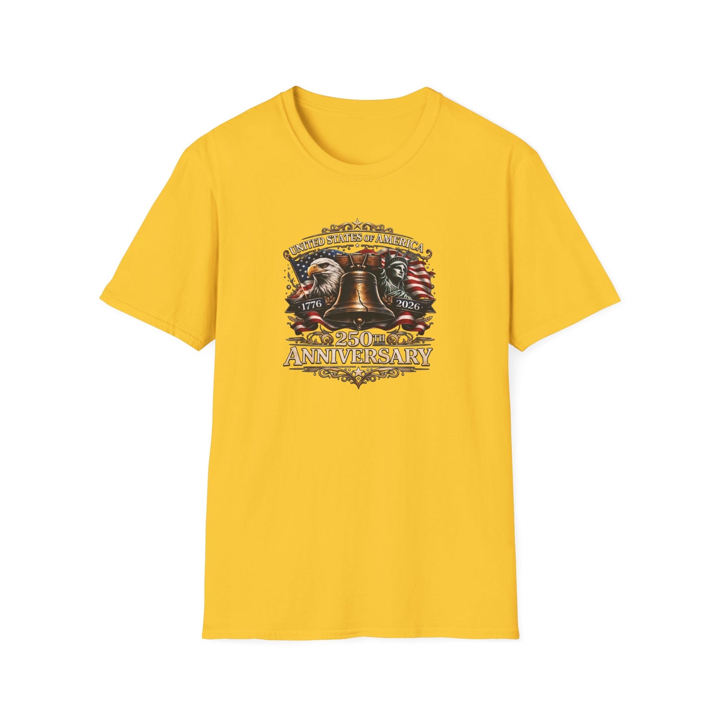 America 250: Liberty Bell with Eagle & Lady Liberty - White Letters Unisex Softstyle T-Shirt