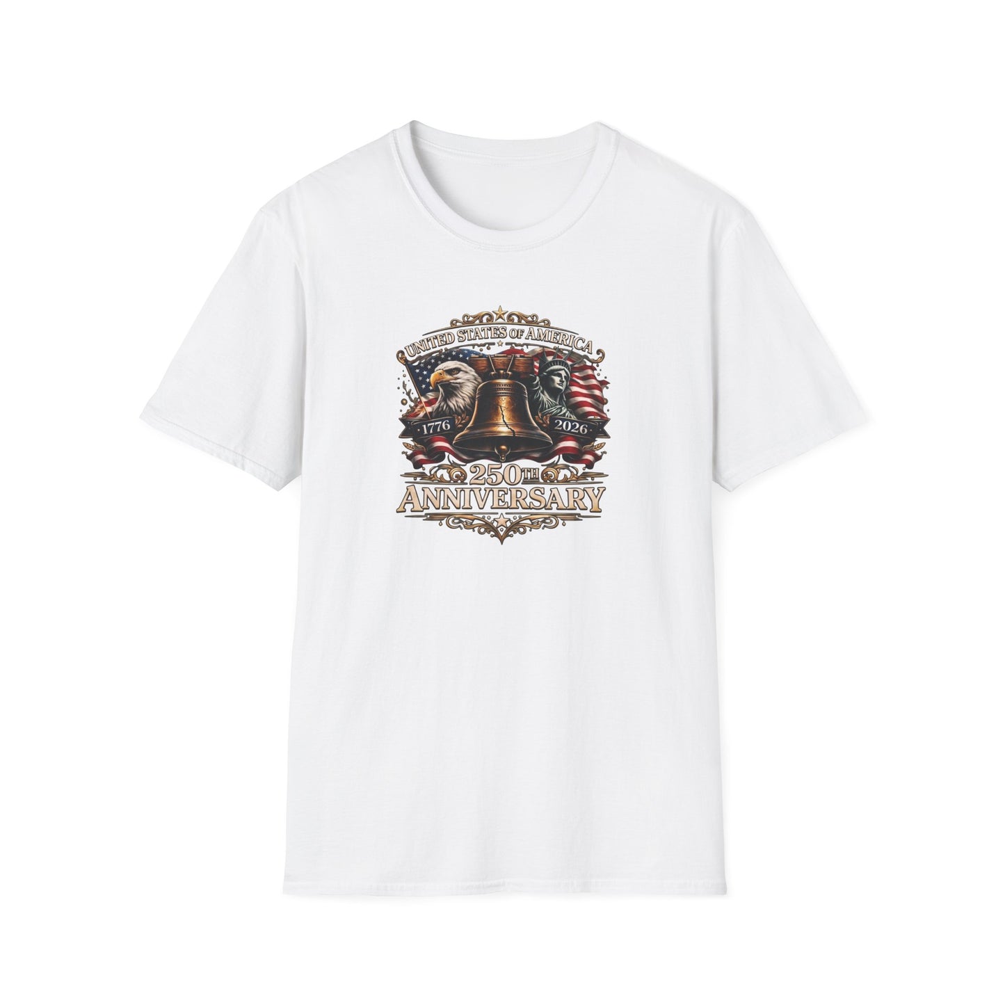 America 250: Liberty Bell with Eagle & Lady Liberty - White Letters Unisex Softstyle T-Shirt