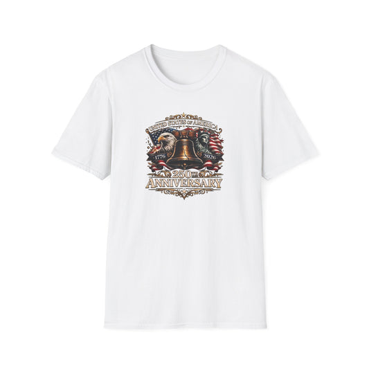 America 250: Liberty Bell with Eagle & Lady Liberty - White Letters Unisex Softstyle T-Shirt