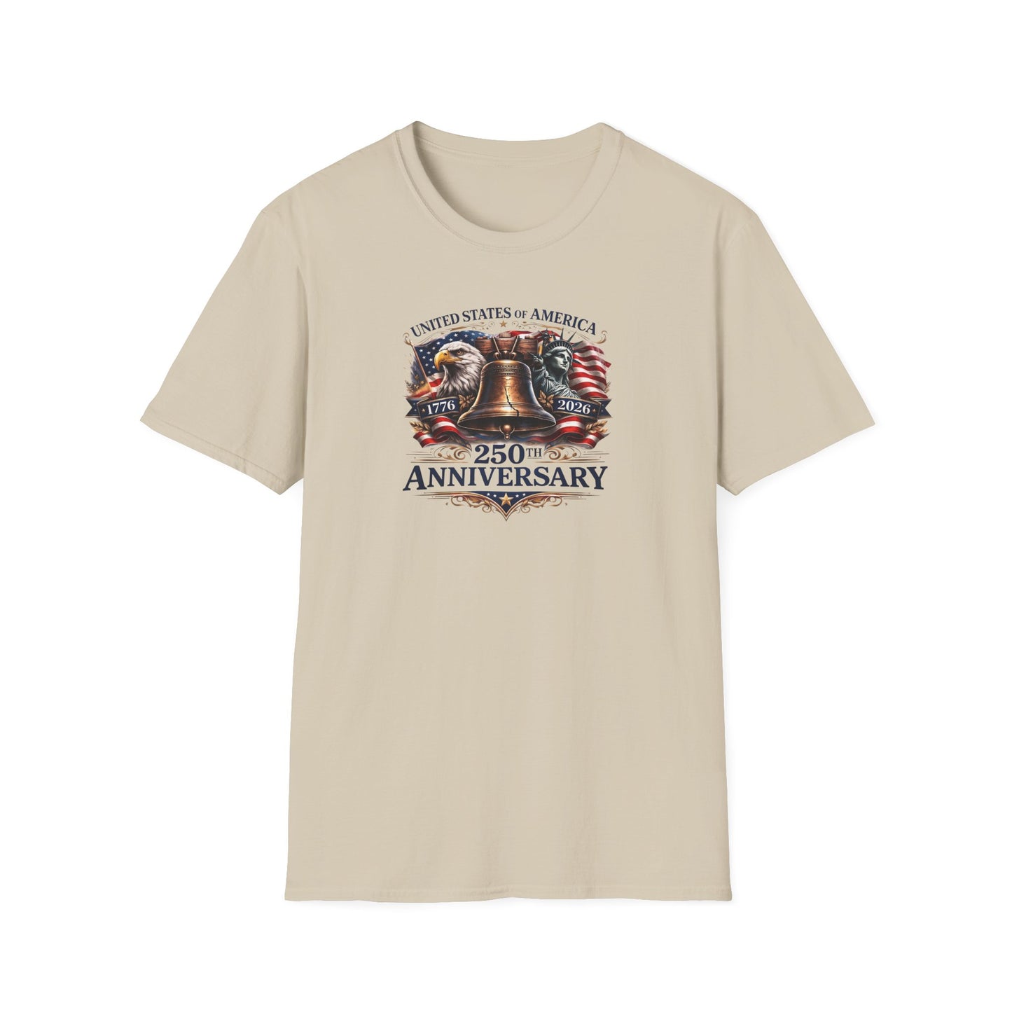 America 250: Liberty Bell with Eagle & Lady Liberty - Blue Letters Unisex Softstyle T-Shirt