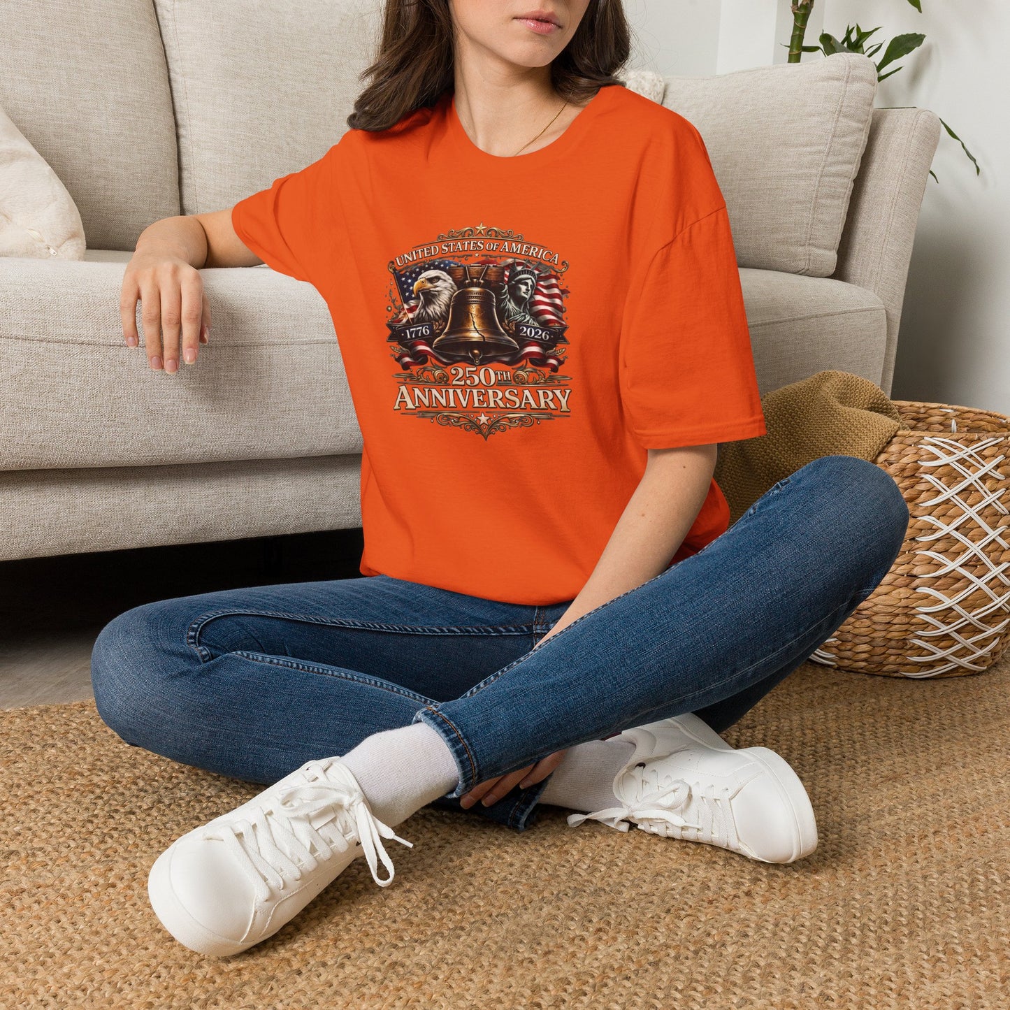 America 250: Liberty Bell with Eagle & Lady Liberty - White Letters Unisex Softstyle T-Shirt