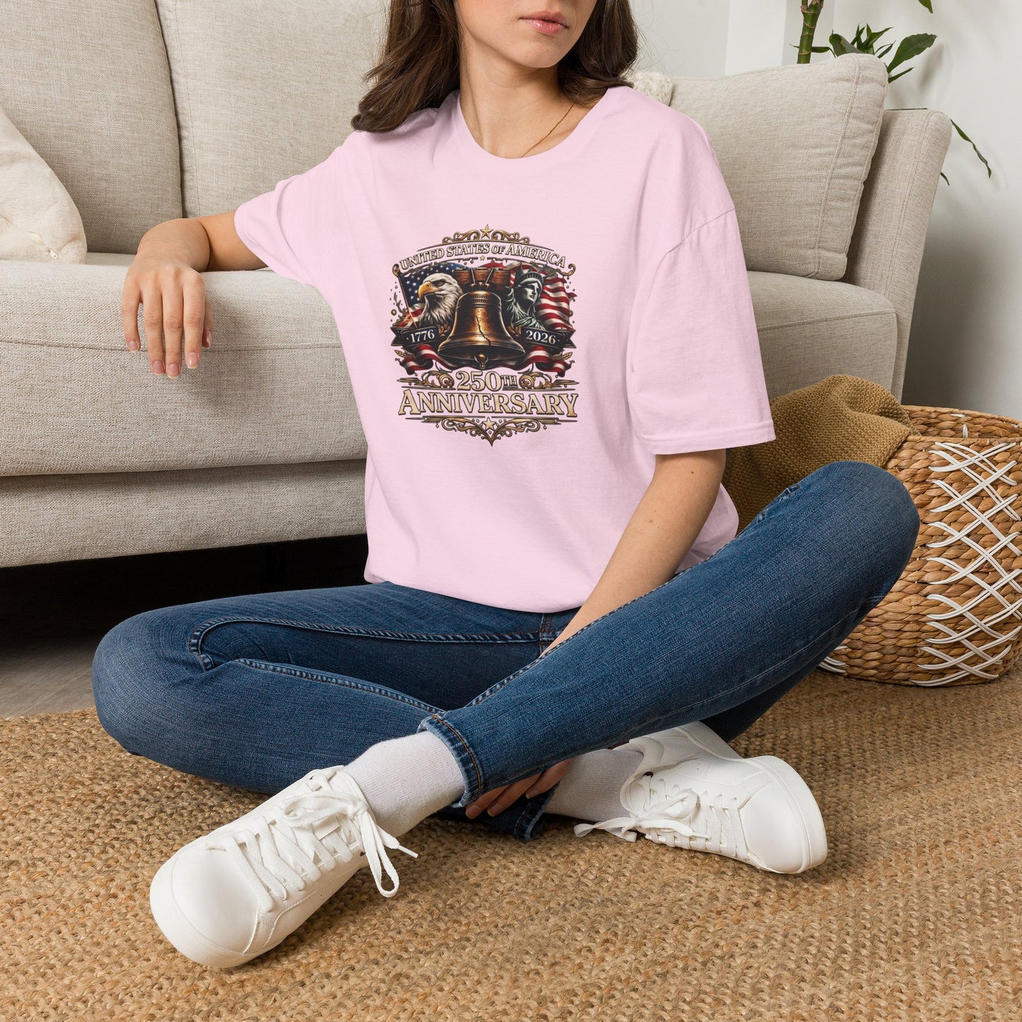 America 250: Liberty Bell with Eagle & Lady Liberty - White Letters Unisex Softstyle T-Shirt