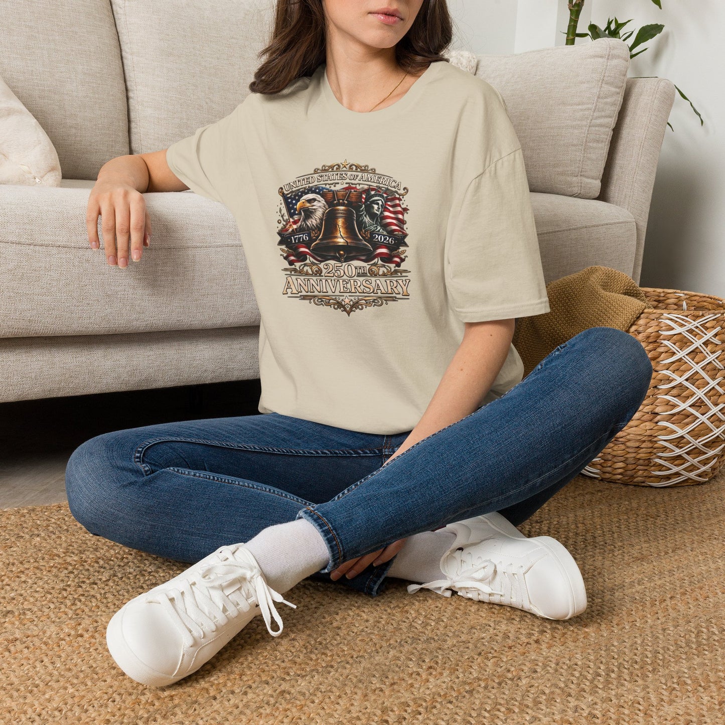 America 250: Liberty Bell with Eagle & Lady Liberty - White Letters Unisex Softstyle T-Shirt