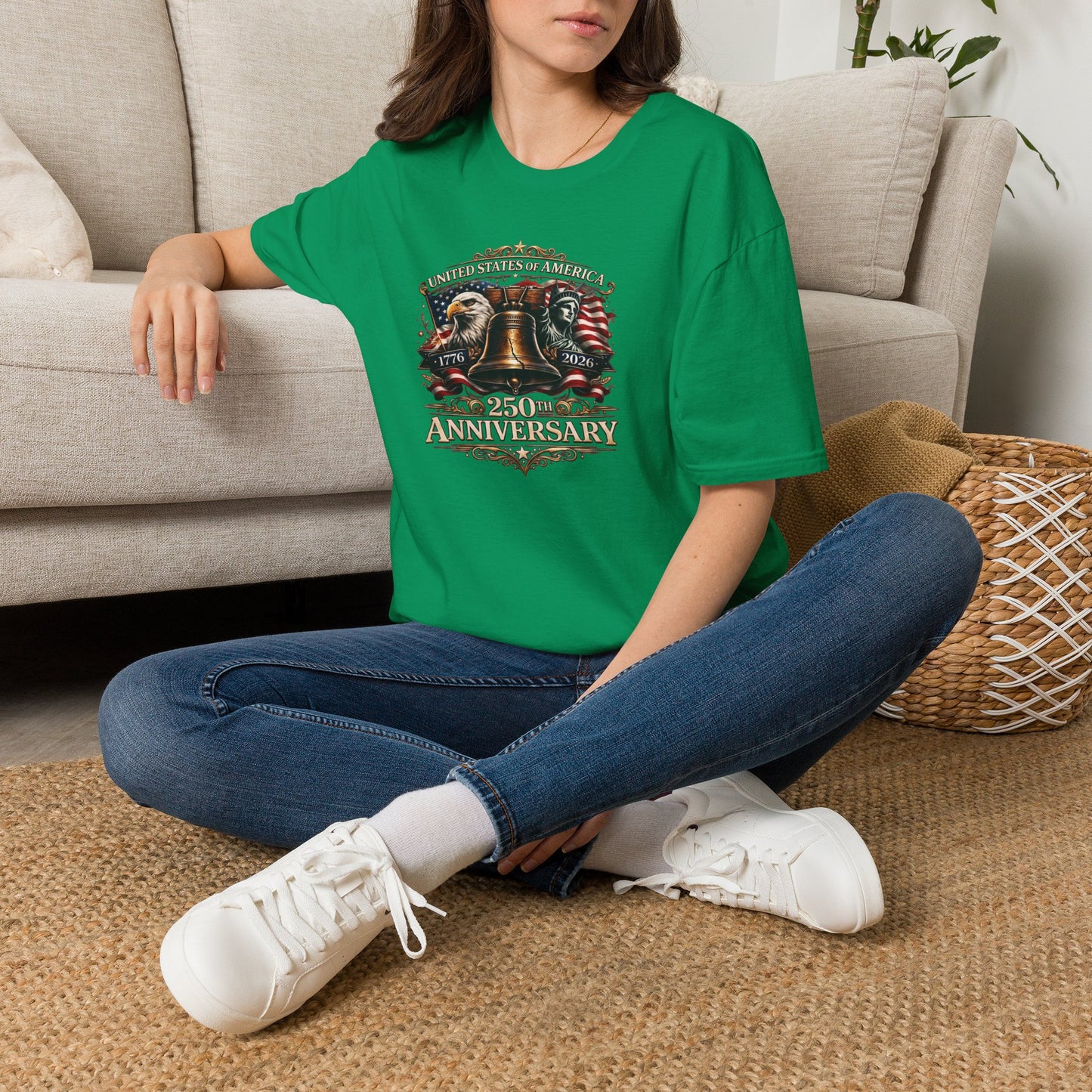 America 250: Liberty Bell with Eagle & Lady Liberty - White Letters Unisex Softstyle T-Shirt
